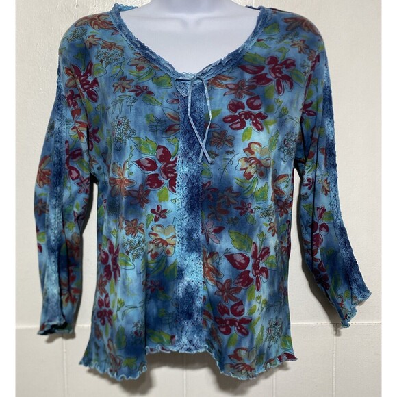 Vtg St Johns Bay Crop Top Women Size M Floral Lace Watercolor Print 3/4 Sleeve - Picture 2 of 8
